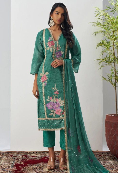 Dark Emerald Green Silk Pant Suit With Chiffon Dupatta
